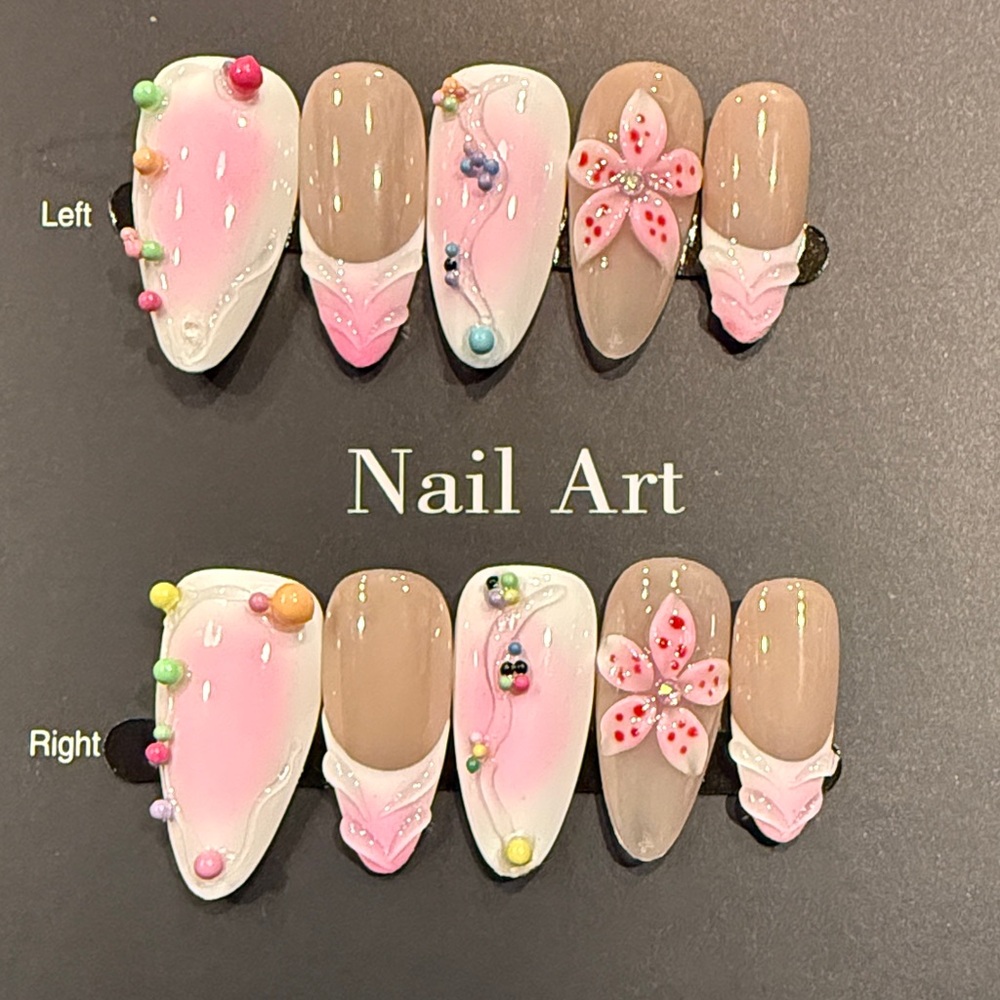 Almond Shape Pink and Nude 3D Press-On Nail Set